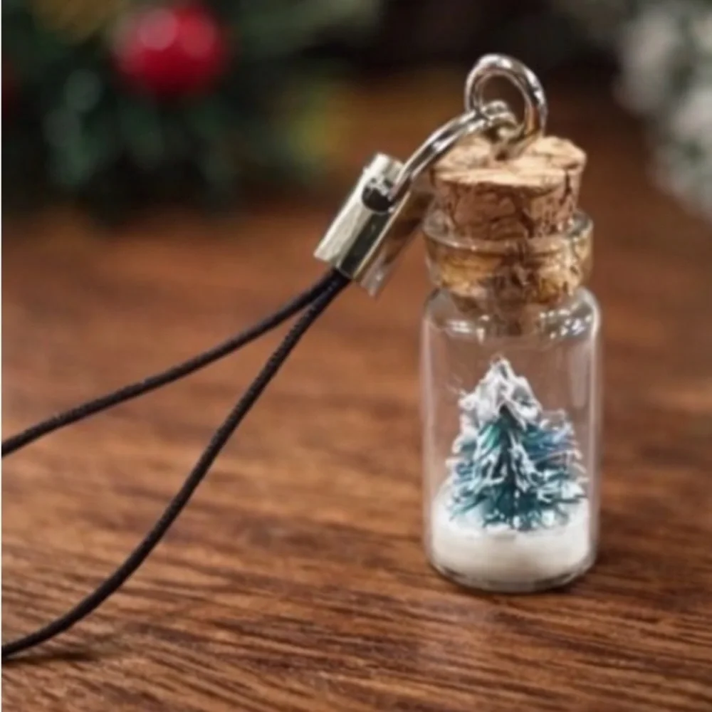 Artisan Winter Snow Tree Glass Bottle Phone Charm Bag Charm Woodland Christmas